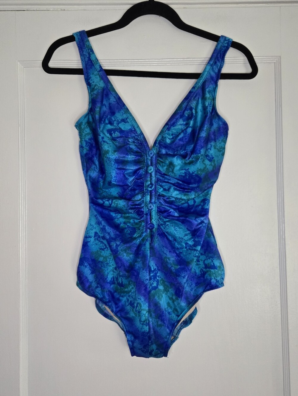 Vintage Robby Len Blue and Green One Piece Swimsuit with Button Accent Womens 14
